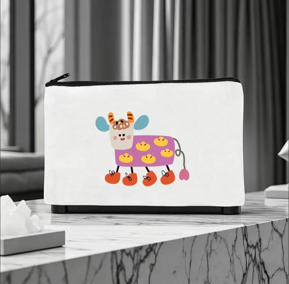 1PC Abstract Color Block Cow With Little Chicks Canvas Cosmetic Bag Double Sided Portable Travel Zipper Pouch