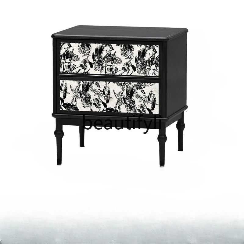 

Retro style solid wood bedside table, black, small bedroom locker