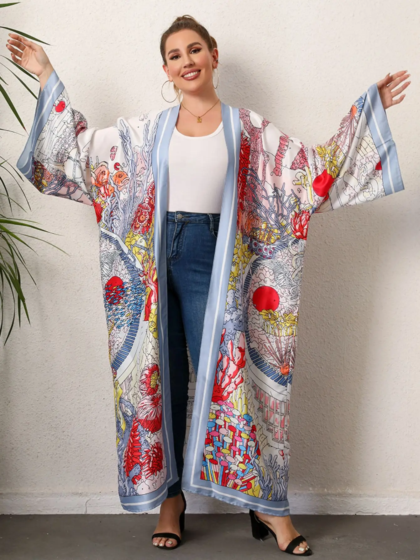 Plus rozmiar Boho Kimono damskie Plus tropikalny nadruk kontrastowe wiązanie z długim rękawem z przodu luźna Kimono plażowe