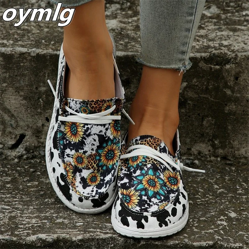 Large 2023 New Printed Fabric Face Single Shoes Round Toe One Step Flat Bottom Lazy Shoes Casual Single Shoes Female