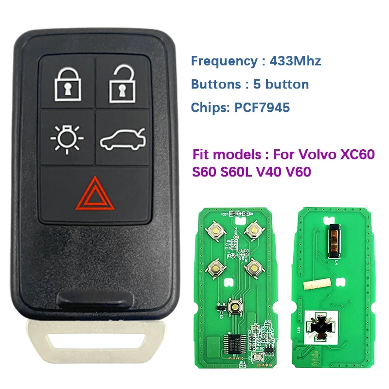

CN050001 Aftermarket 5 Buttons Remote Car Key 433mhz PCF7945 Chip KR55WK49264 Non-Keyless For Volvo XC60 S60 S60L V40 V60