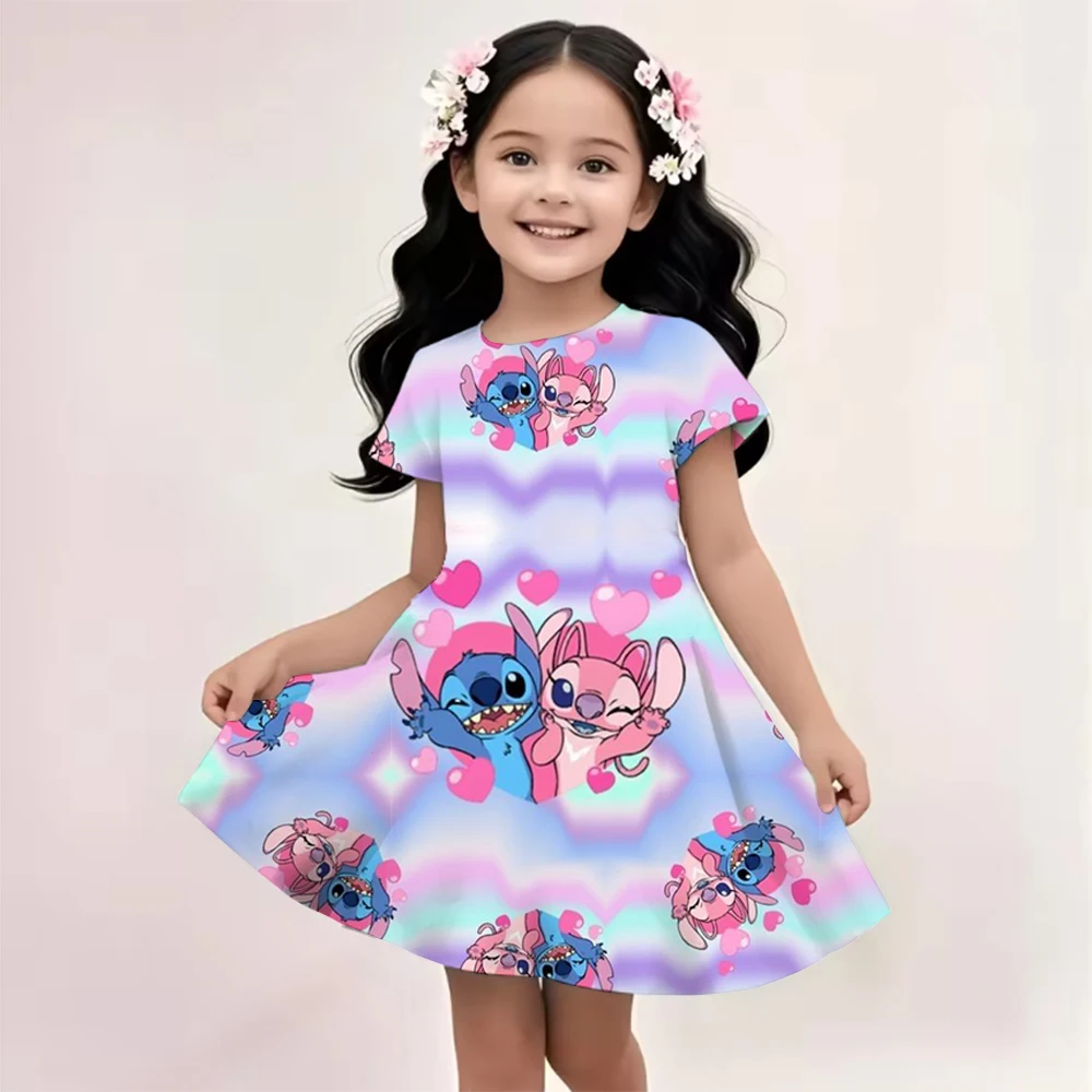

2025 New Printed Dress Cartoon Starry Baby Stitch Girls' Skirt Casual Breathable Girls' Short Sleeve Dress Children's Clothing