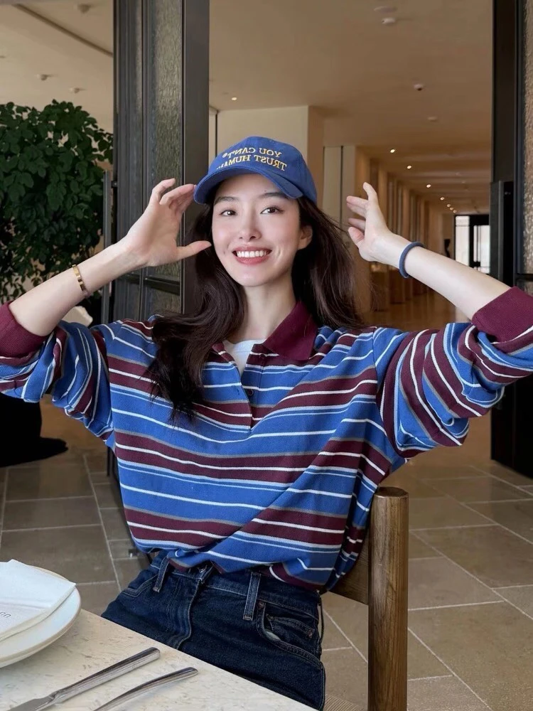 

Ele Forest Girl Miu irt Хлопковая полосатая футболка Ранняя весна Топ женский свободный крой Long Sve с принтом для поездок на работу