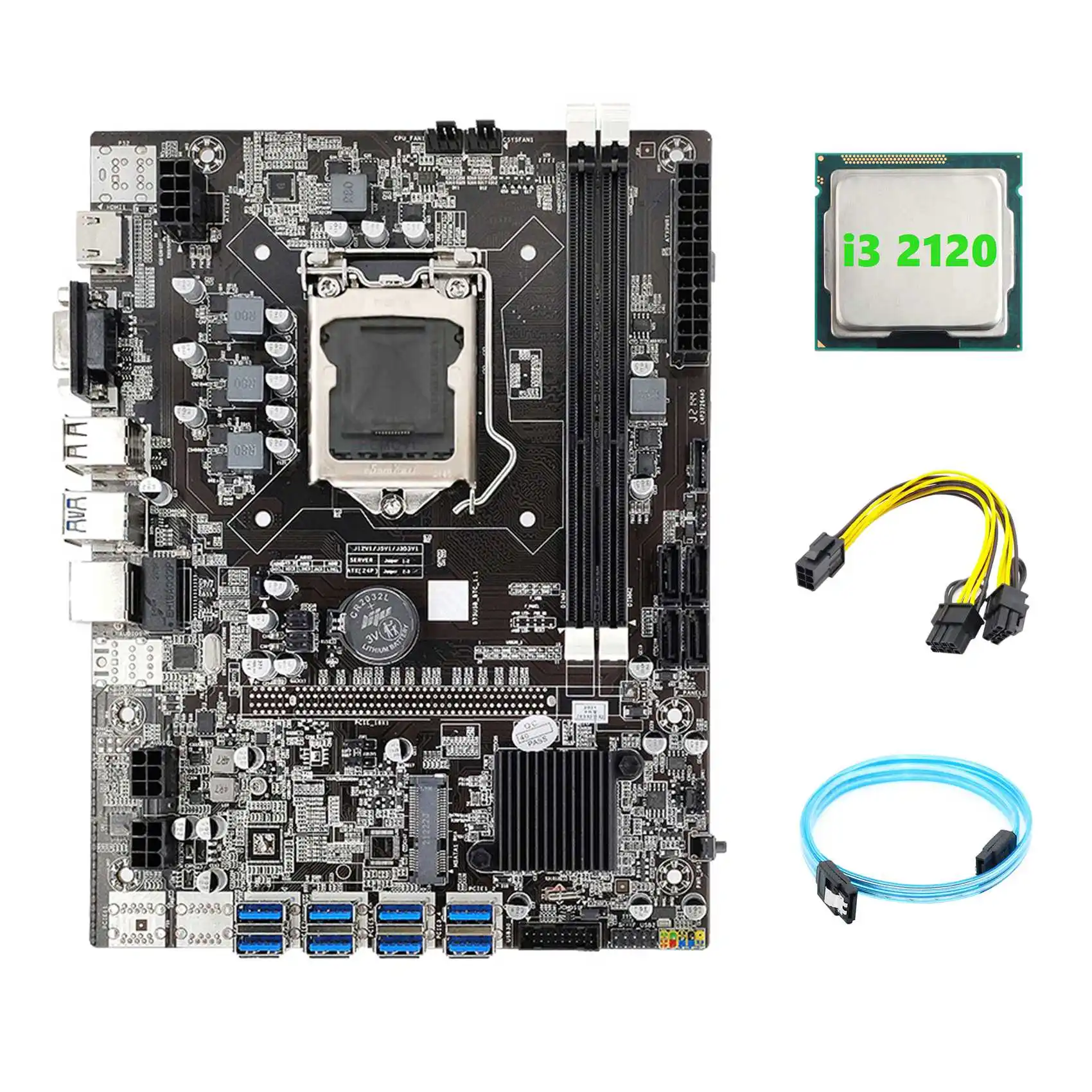 

B75 ETH Miner Motherboard 8XPCIE to USB+I3 2120 CPU+SATA Serial Port Cable+6Pin to Dual 8Pin Cable LGA1155 Motherboard