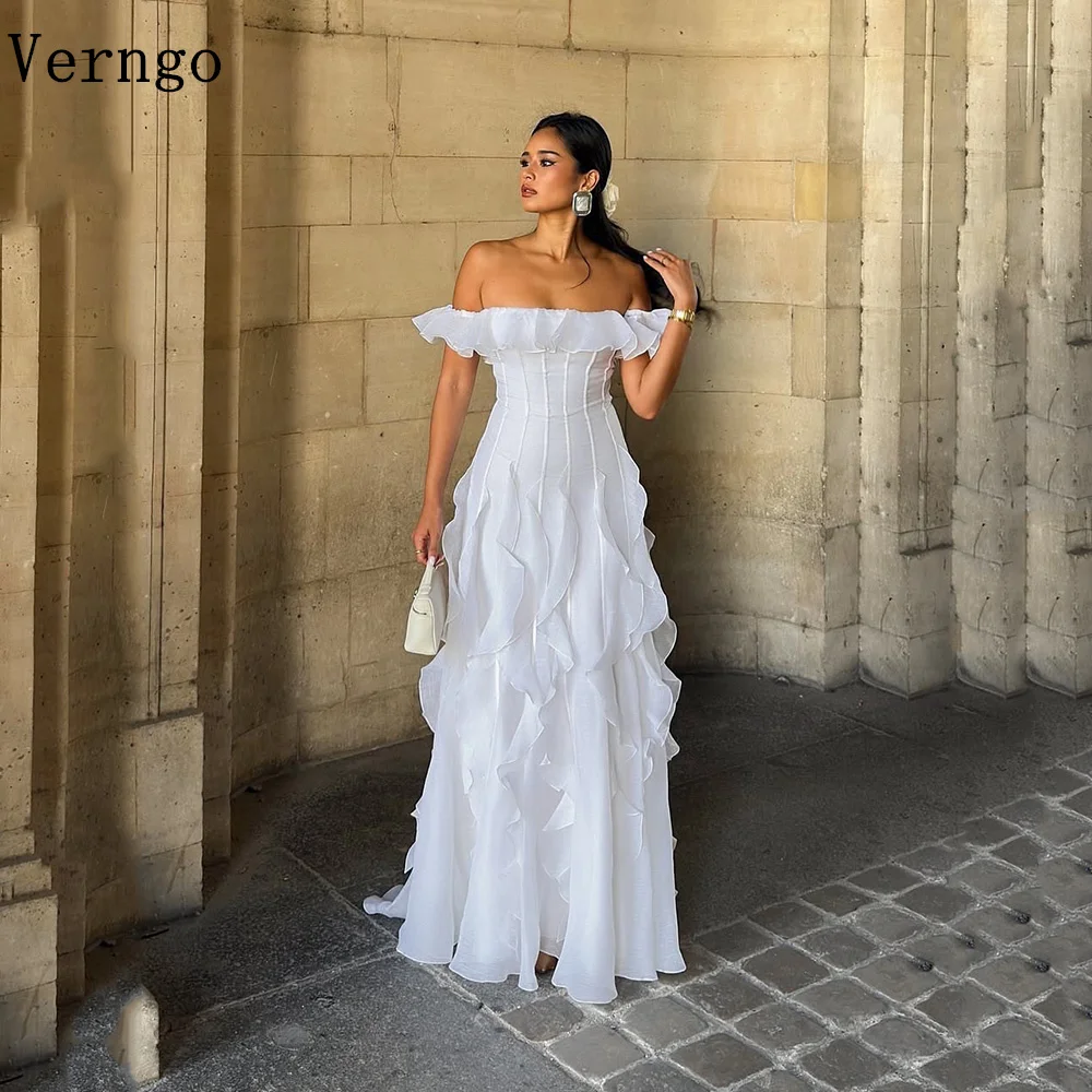 

Verngo White Chiffon Evening Dress Off The Shoulder A Line Elegant Formal Occasion Dress Simple Pleated Prom Gowns Customized