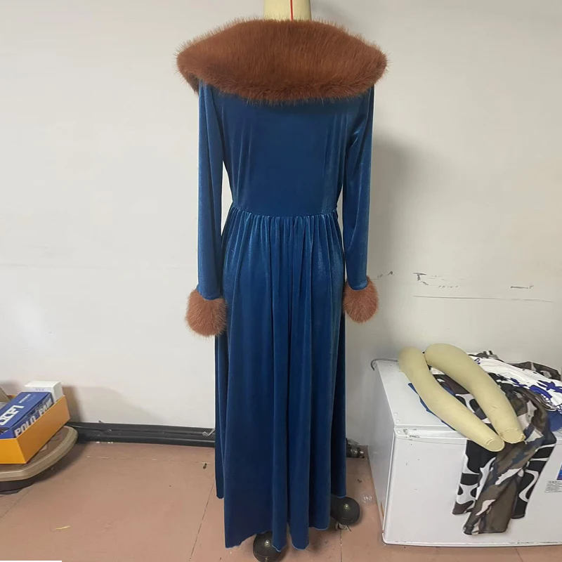 Vestido de invierno para mujer, cuello de pelo étnico, terciopelo dorado, estampado Sexy de plumas, vestido largo bohe de fiesta, vestido Retro de cintura alta para vacaciones, vestido cálido