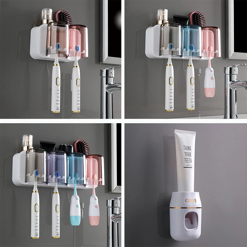 Wall-mounted Toothpaste Squeezer Toothbrush Holder With Mouthwash Cup Toothbrush Storage Rack Suitable for 2 to 4 People