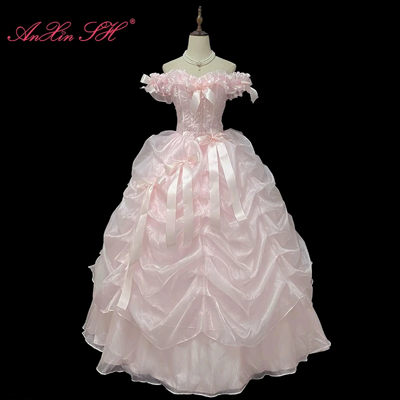 AnXin SH vintage princess pink big bow lace boat neck ruffles ball gown lace up bride party Antique customized wedding dress