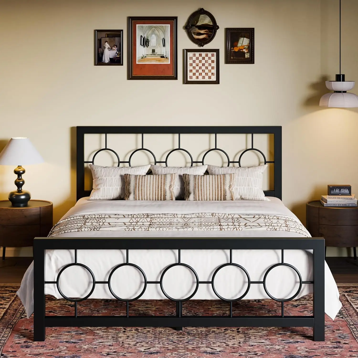 SHA CERLIN Queen Size Metal Bed Frame with Vintage Circular Design Headboard and Footboard,No Box Spring Required,Easy Assembly