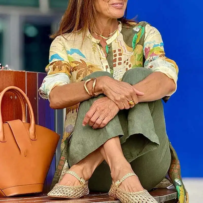 

Модный женский топ с круглым вырезом и принтом, повседневные уличные богемные футболки с длинными рукавами, весна-лето, однобортная свободная рубашка, кардиган