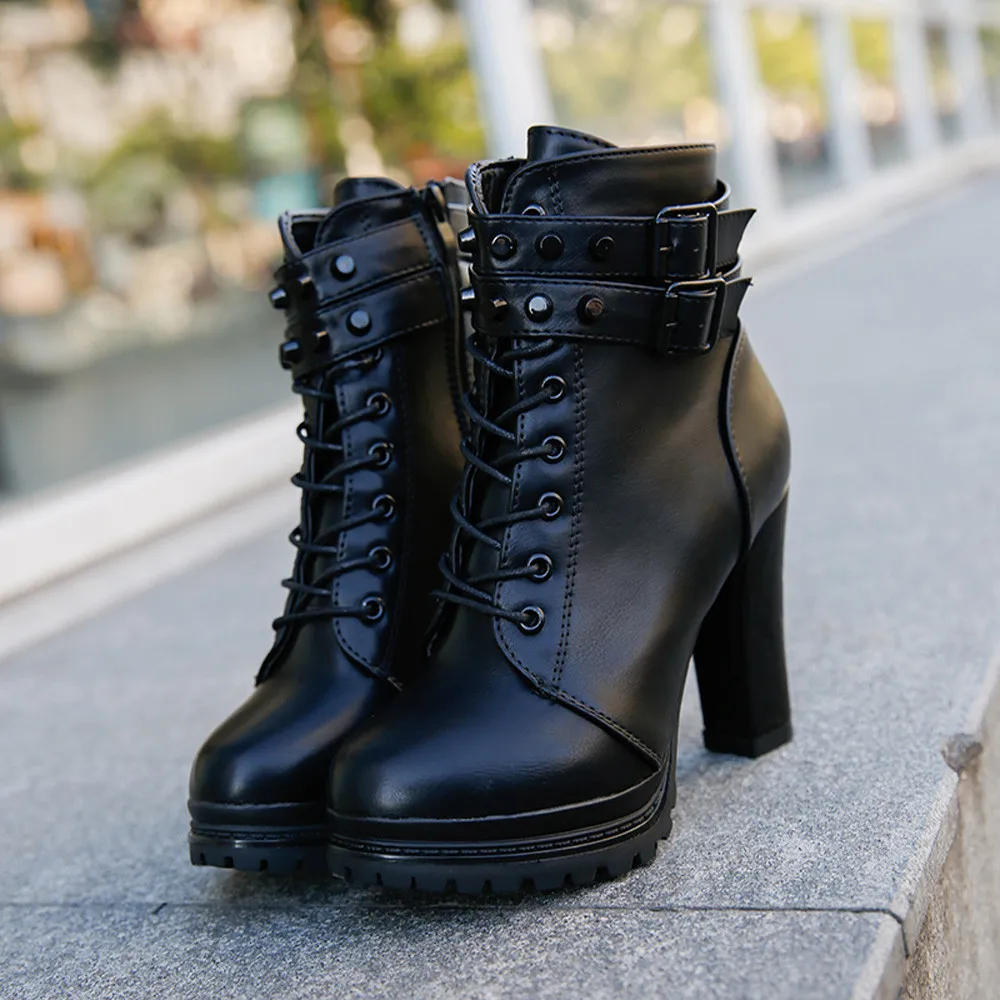 Rivet Buckle Zipper Thin Heels Ankle Boots Party Street Woman Shoes Punk Style 11CM High Heels PU Leather Botas Mid-Calf Boots