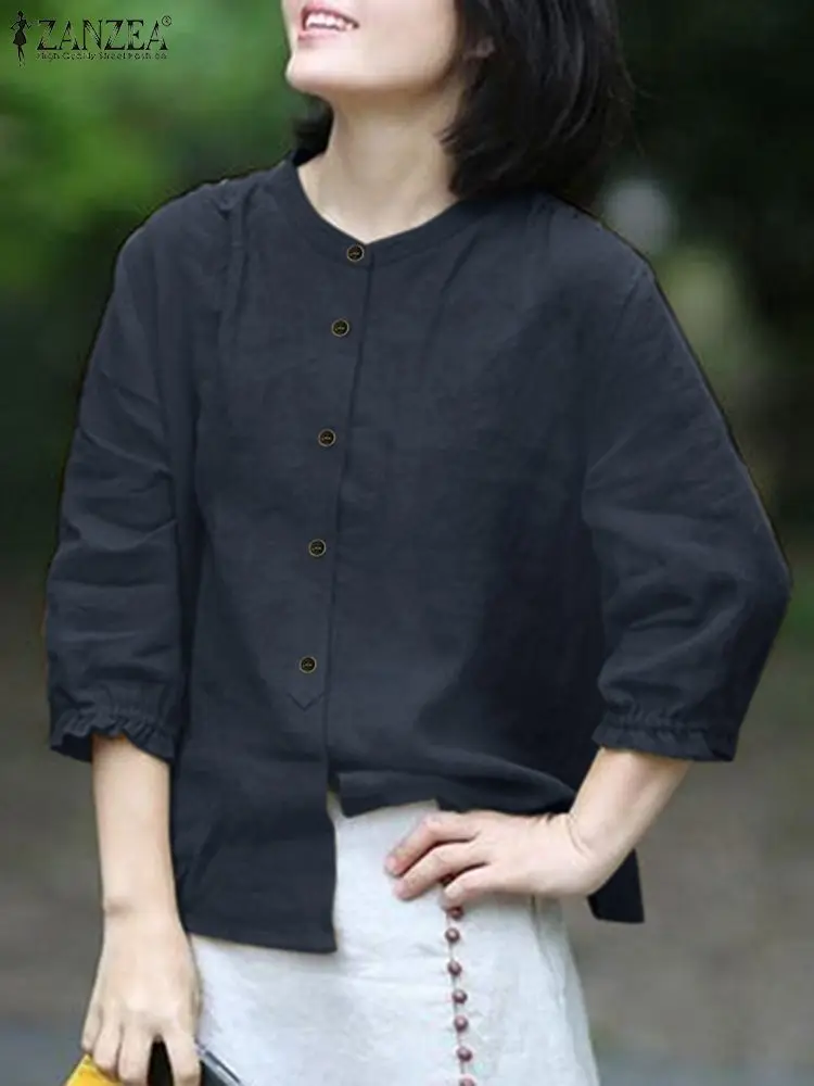 ZANZEA 2023 Autumn Shirt Women Korean Style Vintage Cotton Linen 3/4 Sleeve Tops Button Down O-Neck Shirts Tunic Top Blusas