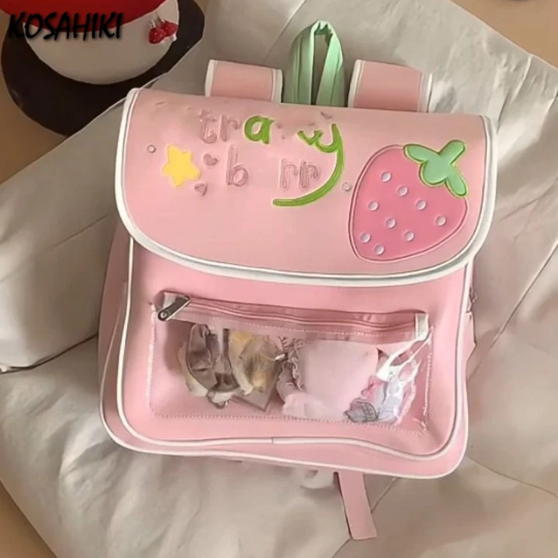 

Japanese Women Kawaii Strawberry Ita Bags Sweet Cute Girls Preppy Schoolbags Transparent Chic Casual Ins Backpacks Y2k Aesthetic
