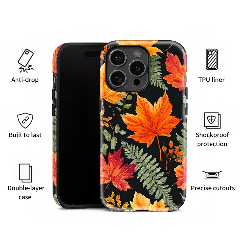 Casing HP Motif Daun Krukya Untuk iPhone 16 Pro Max 17 Air 15 14 13 12 11 XS XR X 15Plus SE 2020 Penutup Akrilik Lapis Ganda
