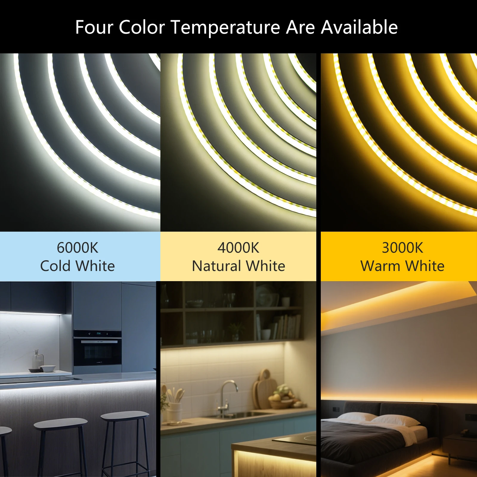 12V 24V COB LED Strip 8mm Black PCB Dimmable 320LEDs/m High Density RA90 Natural Warm White Flexible Tape for Indoor Lighting