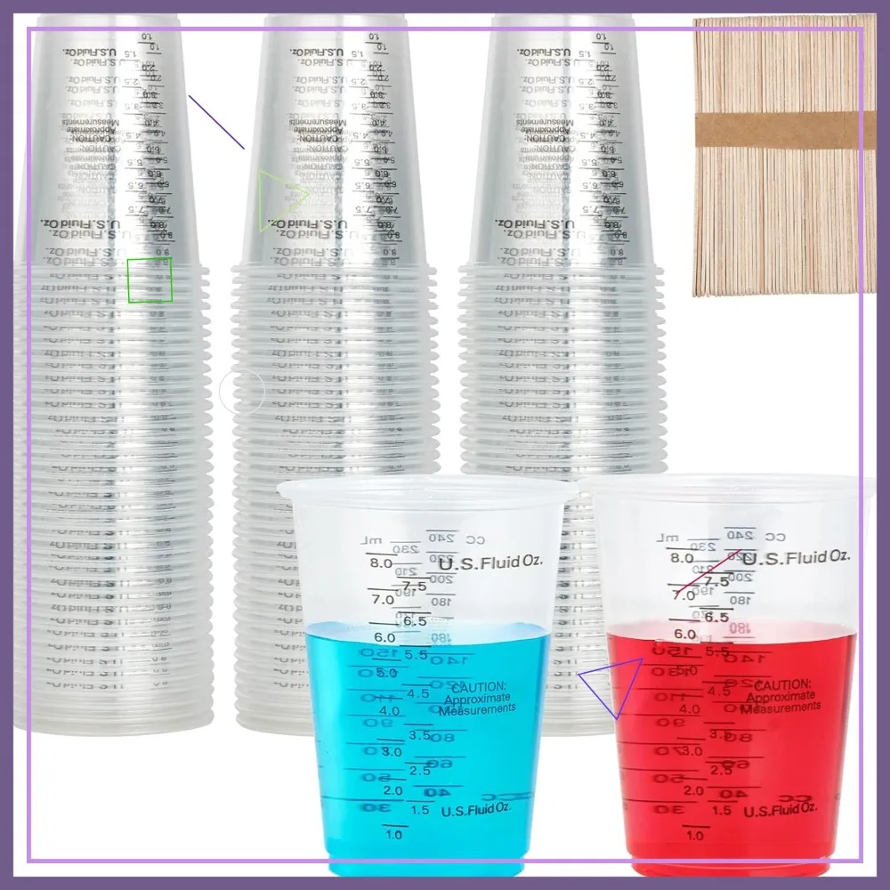 

100 PACK 10 oz Disposable Plastic Cups with Wooden Mixing Sticks for Epoxy, Paint, Cooking & Baking