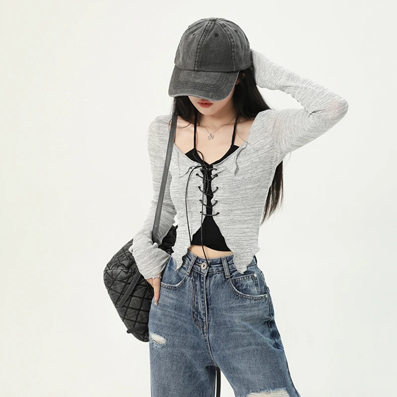 

Sweet Cool Long Sve ort T-irt Women's Summer Belly Button Exposure Unique Chic Set Special Sexy Top V-ne Regular Fabric