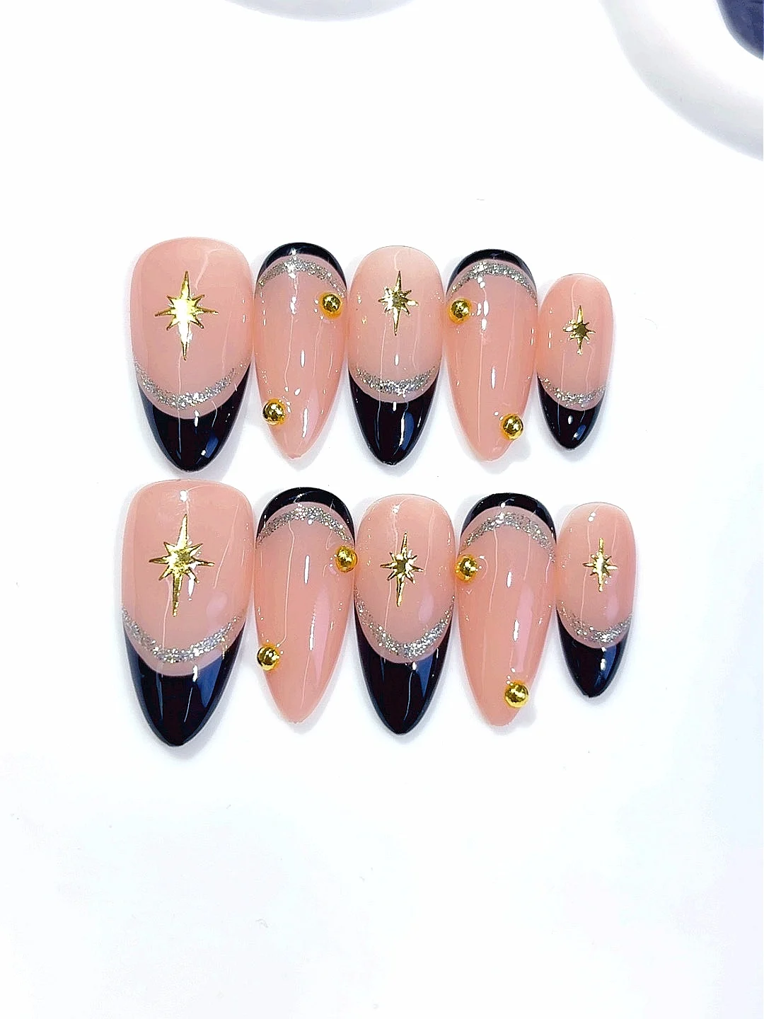 プレスオンネイル - 3D ゴールドスター＆パールラインストーングリッターアクセント手作り付け爪（C450）