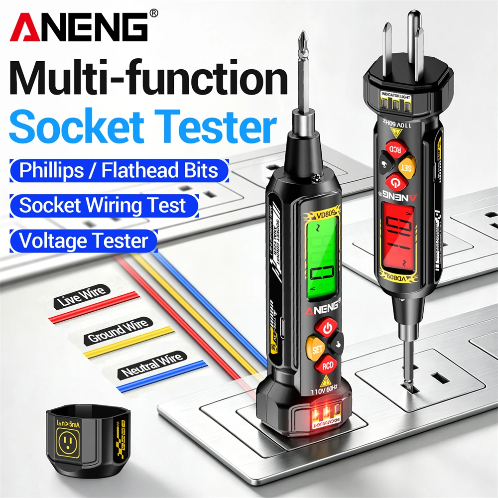 Digital Socket Analyzer Rechargeable 3~600V Voltage Detector ANENG VD809 Circuit Breaker Finder 2-in-1 Screwdriver Tester Tools