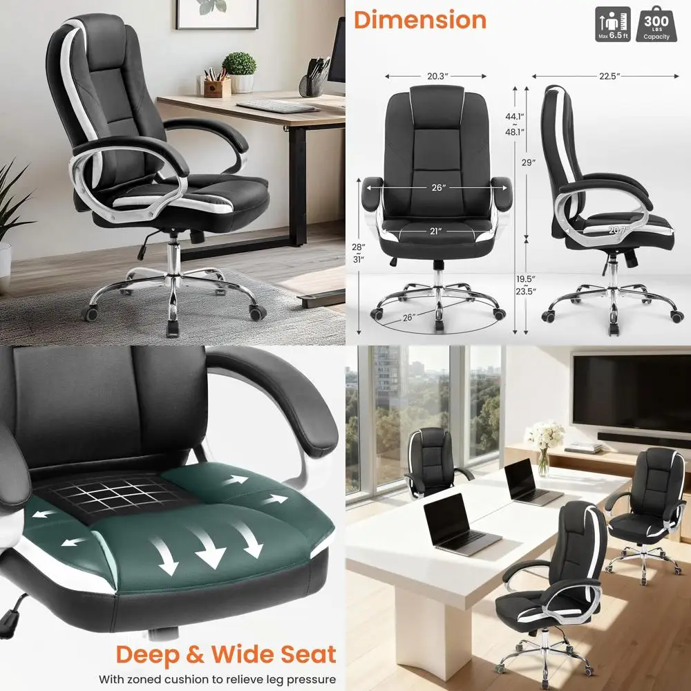 

Ergonomic High-Back Gaming Chair with Adjustable Lumbar Support, Swivel, and Wheels - Black Leather Executive Style