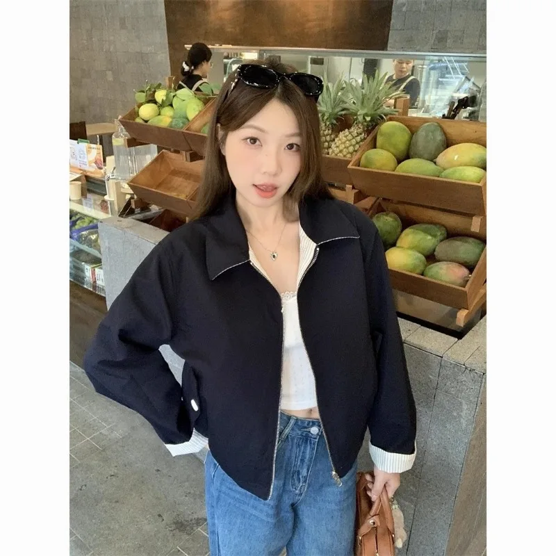 Women Reversible Striped Lapel Jacket Vintage Loose Short Zip Up Coat Simple Casual Long Sleeve Outerwear For Daily Wear