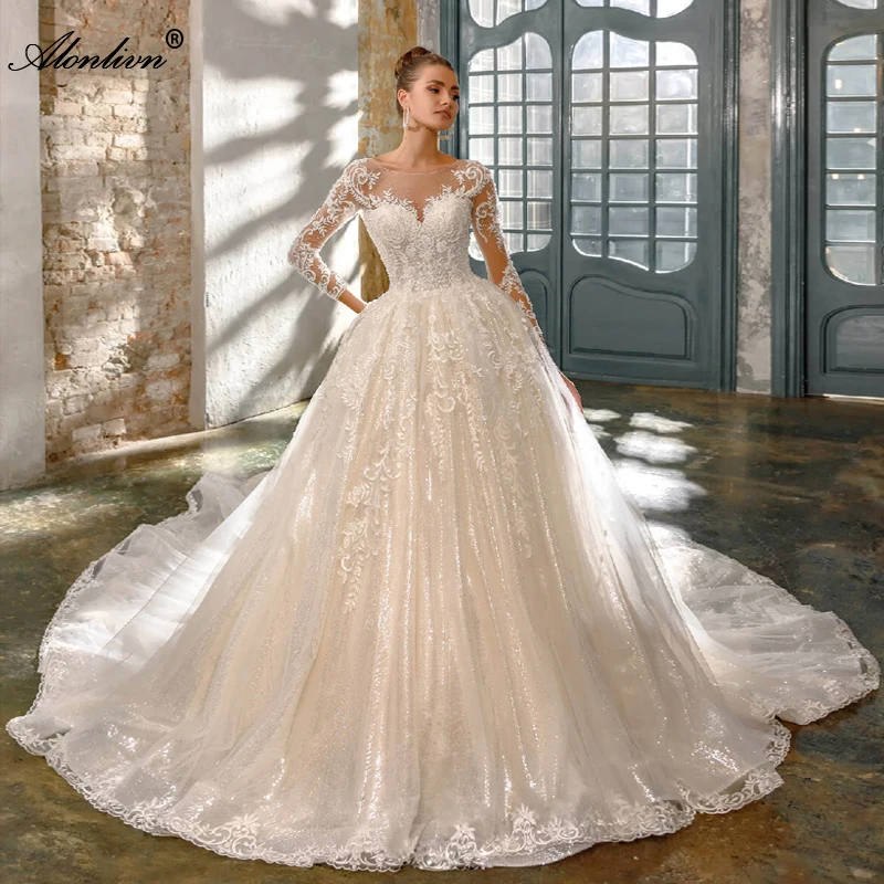 

Alonlivn Elegant Organza A-Line Wedding Dress Vestido De Noiva Embroidery Appliques Full Sleeves Bridal Gowns