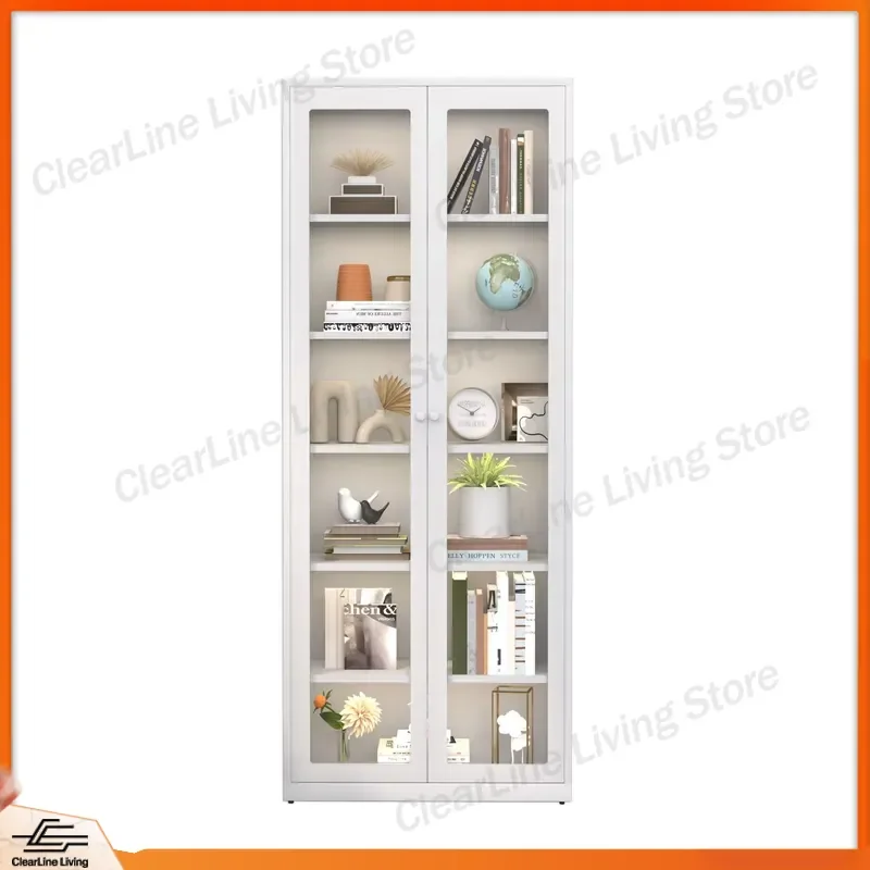 Tall Slim Steel Bookshelf with Glass Doors Corner Storage Cabinet for Small Spaces Modern Metal Display Shelf Home Office