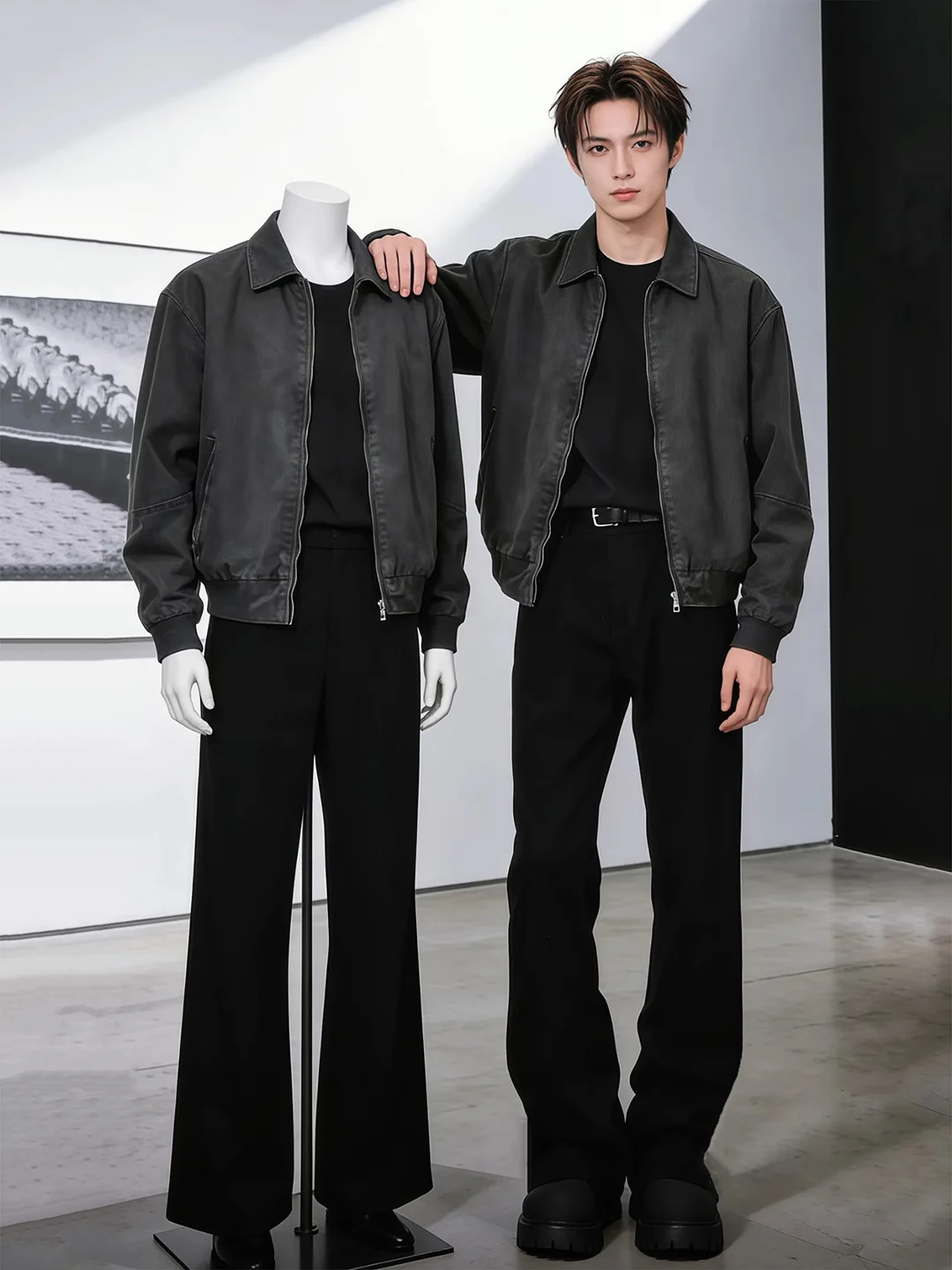 

Bla Fce Lined Flared Men's Trousers Slimming Leg Lengthening Winter Straight Cut Suit Pants High End Feel Casual Jeans