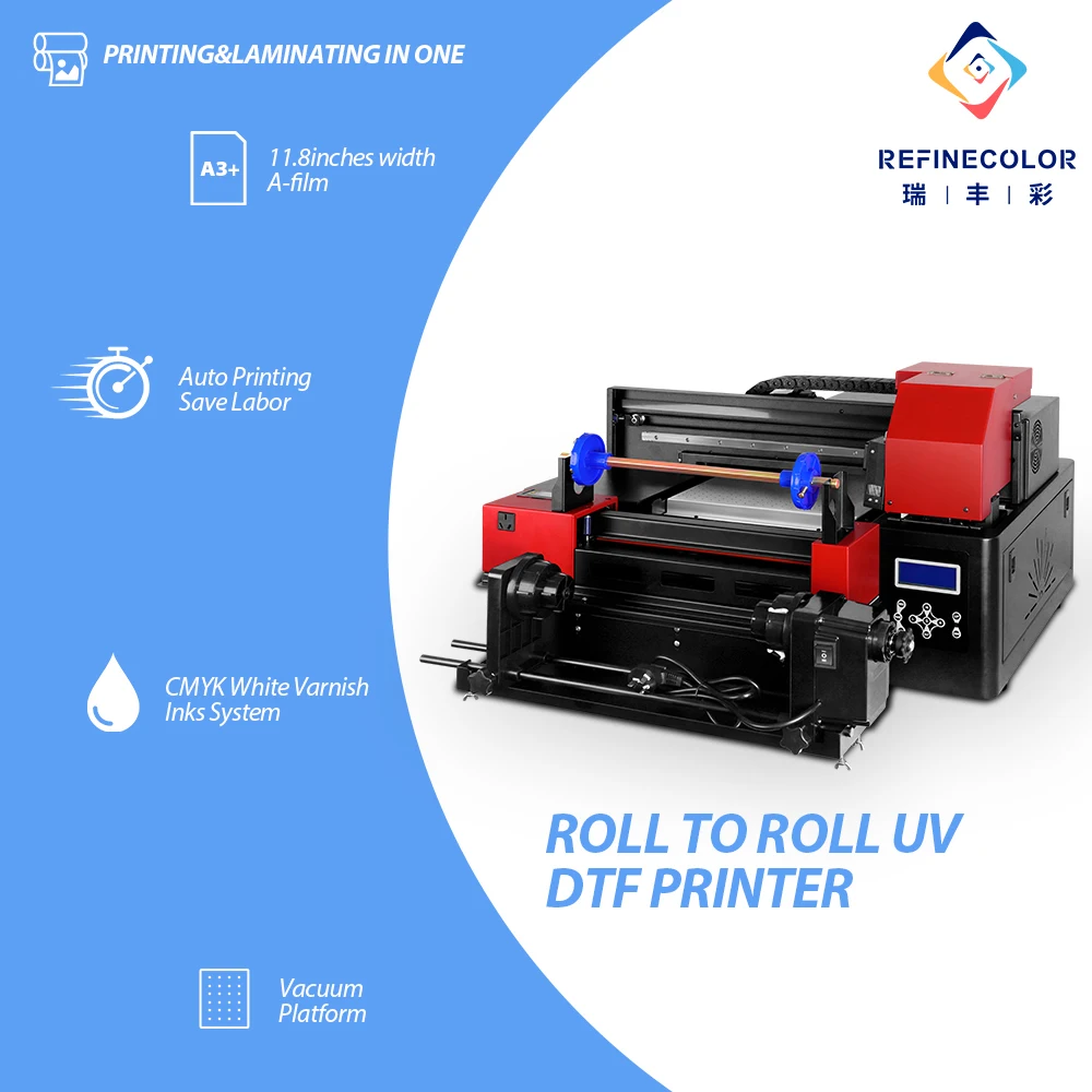 Refinecolor A3+ Industrial UV DTF Printer Double Epson F1080 Inkjet Print head CMYK+WW/ 6Varnish inks system UV Transfer sticker