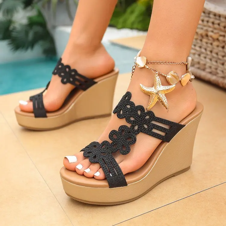 Damen Open-Toe Keilabsatz-Pantoletten mit Blumenmuster, hoher Absatz, Plateau-Sandalen für Sommerpartys, Freizeit und Alltag, Slides Schuhe