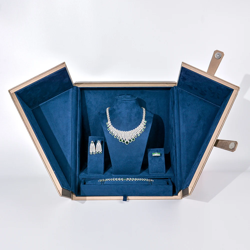 Wholesale Modern Rectangle Luxury PU Leather Wooden Jewelry Set Necklace Ring Earrings Bracelet Customized