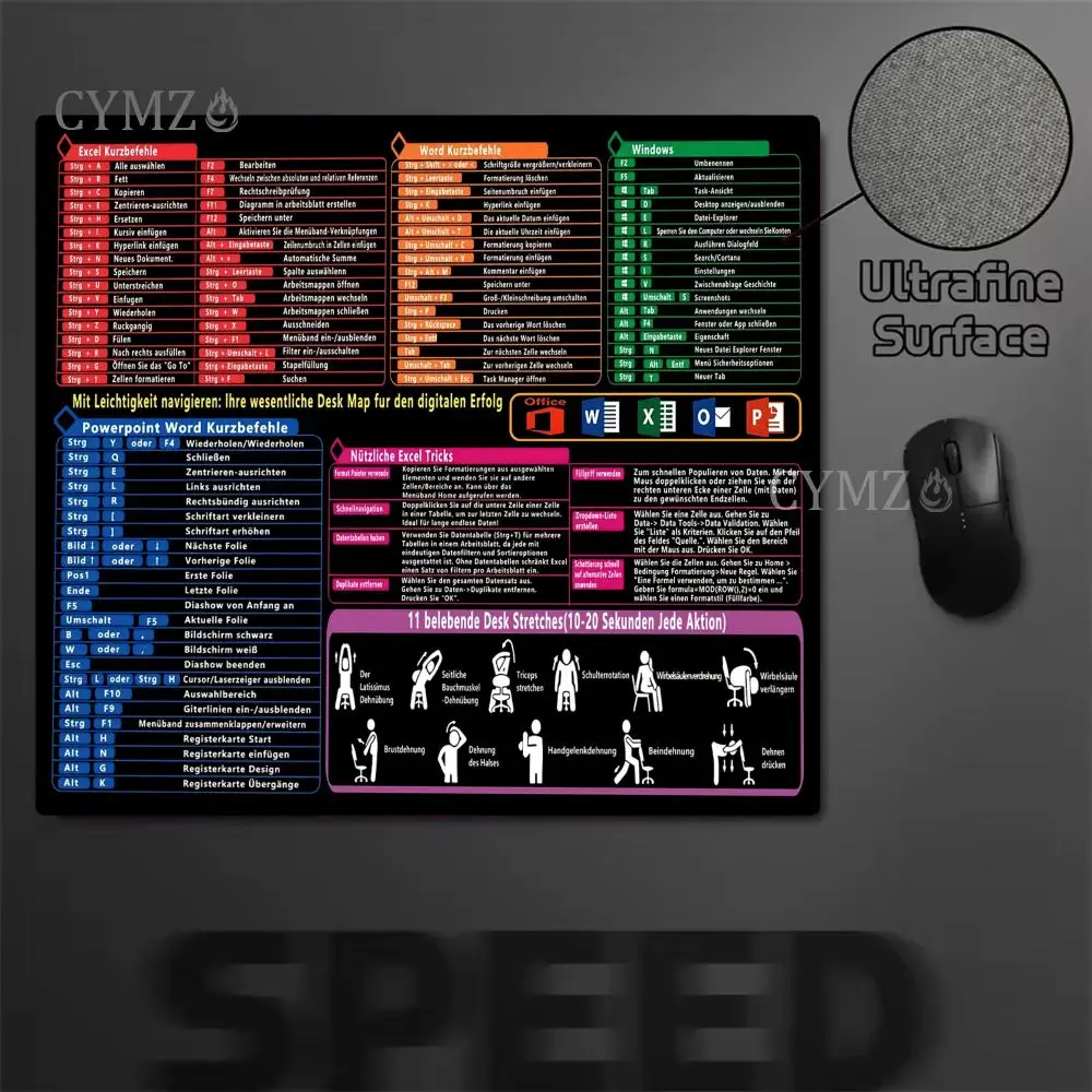 حصيرة مكتب Excel الألمانية، لعبة لوحة الماوس الصغيرة، حصيرة مكتب لوحة المفاتيح والماوس، مفاتيح اختصار Excel للوحة الكمبيوتر #5