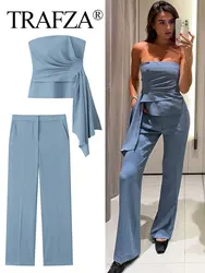 TRAFZA Summer Women Fashion Trouser Set Blue Asymmetric Folds Short Tube Top + Pockets High Waist Wild Woman Wide Leg Long Pant