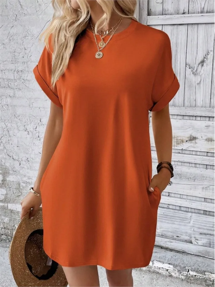 Summer New Fashion Boho Resort Style Pure Colors Beach Dresses For Women O Neck CasualLoose Short Sleeve Pocket Mini Dress