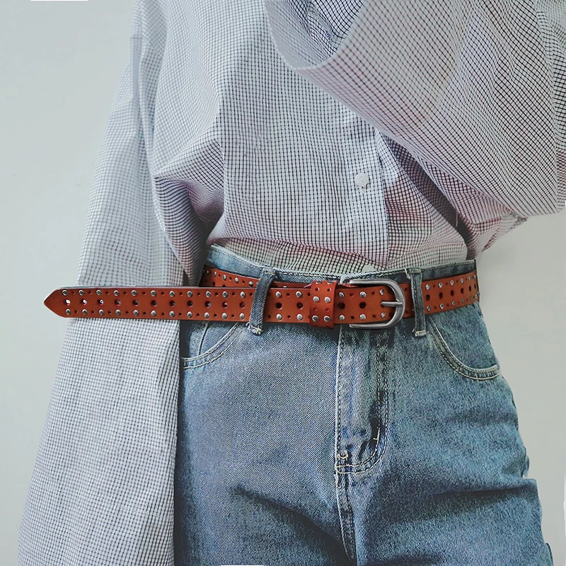 

Fashion Leather Belts for Women Simple Alloy Buckle Vintage Ladies Casual Belt for Jeans with Holes Hollow Leather Waistband