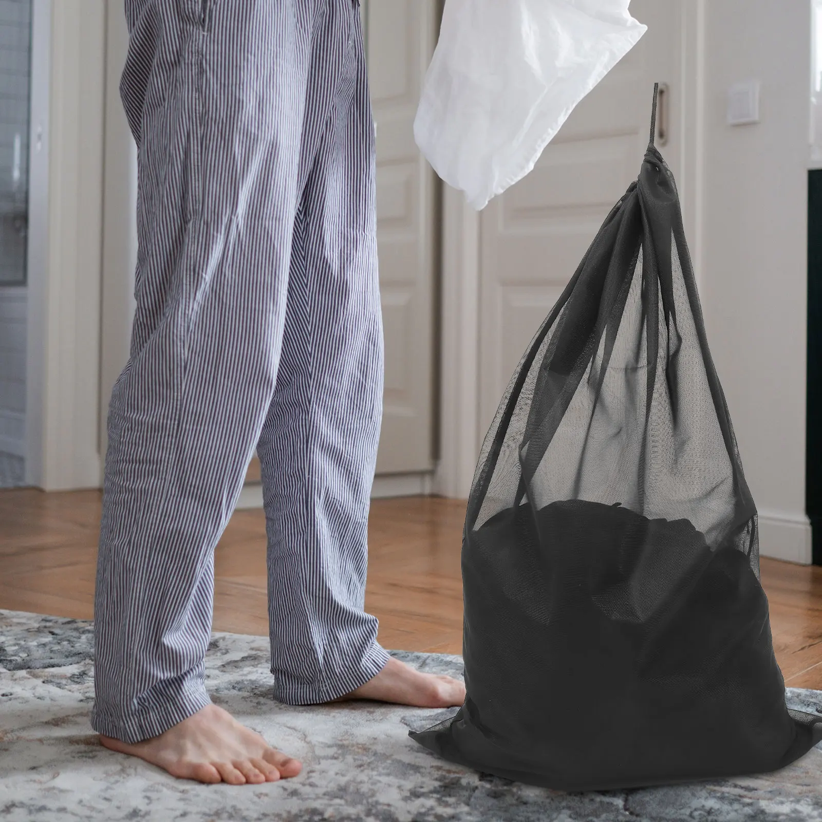 

Laundry Bags Drawstring Large Heavy Duty Foldable Travel Dirty Clothes Polyester Mesh Black Portable Waterproof Easy Clean