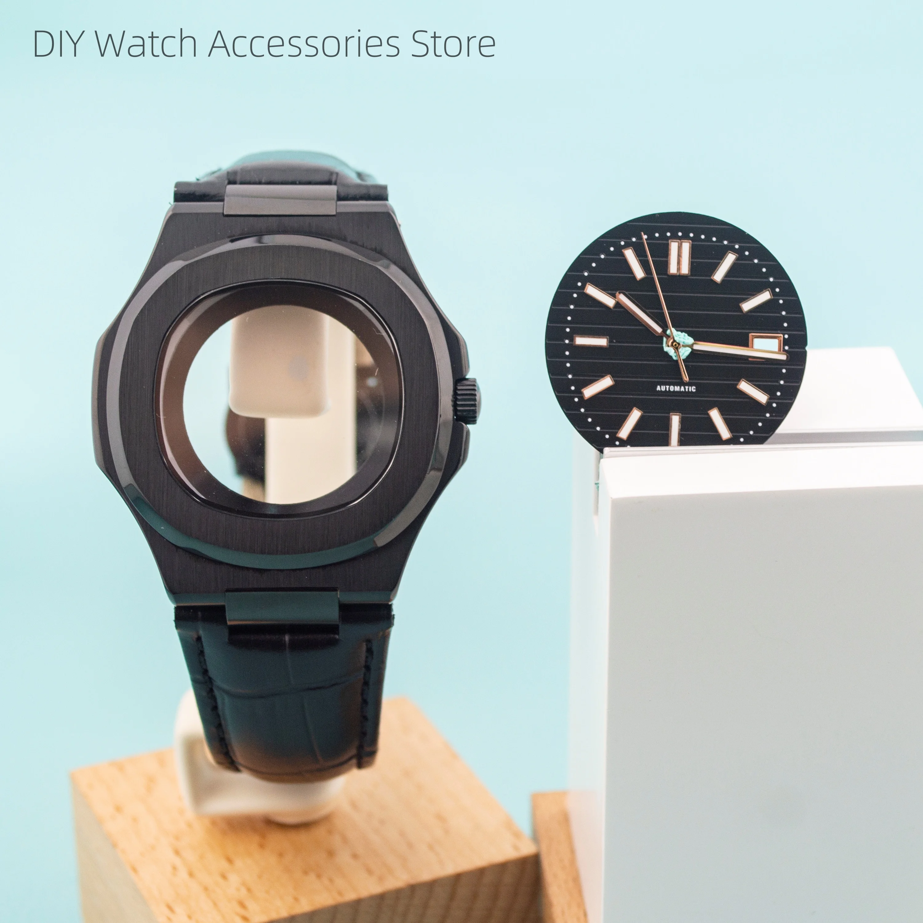 41mm Watchcase PVD Black Stainless Steel Case Genuine Leather Strap For Nautilus NH35 Automatic Movement Parts Replacements