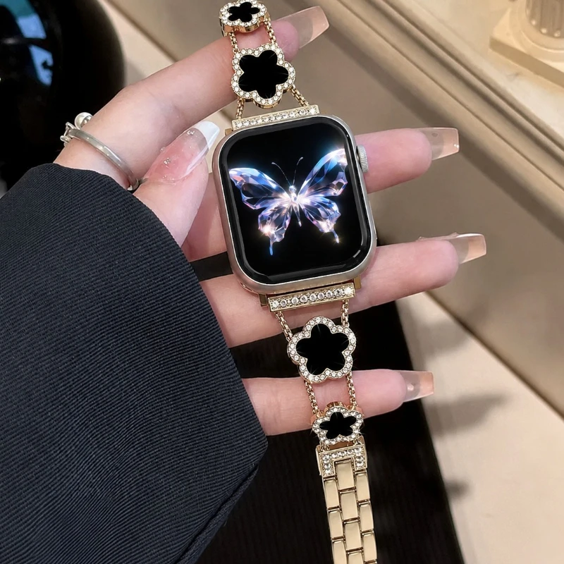 Bling Vierblättriges Kleeblatt Metallarmband für Apple Watch 44mm 40 49 38 45 41 46 42mm Armband iWatch Series 12 11 10 9 8 7 6 5 4