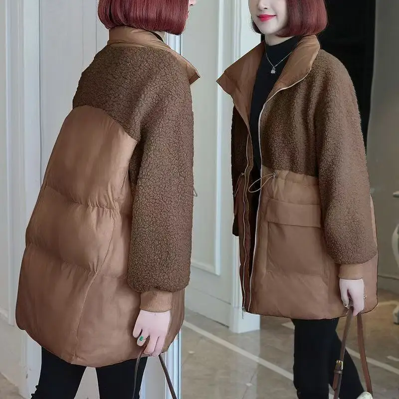 ダウンジャケット女性ミッドレングス秋冬新ルーズ綿パッド入りステッチラムフリース厚く暖かいコート女性オーバーコートトップス