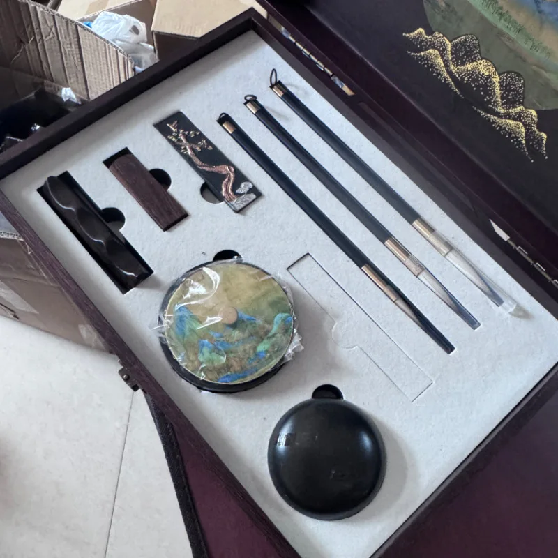 Complete Chinese Calligraphy Set in Wooden Gift Box with 3 Mixed Hair Brushes, Ink Stick, Inkstone, Seal, Ink Paste, Brush Rest