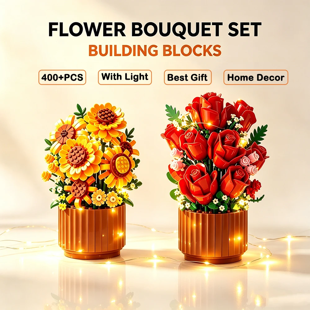 Image of DIY Rosen- und Sonnenblumen-Bausteinset Ewiger Kreativer Puzzle-Bausatz Simulierte Rose im Topf Dekorative Heimdekoration