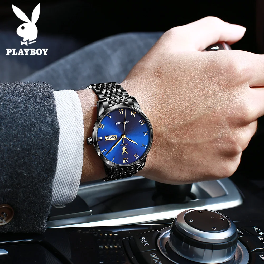 PLAYBOY Simple Waterproof Man Watch Business Dual Calendar Auto Date Male Watches Classic Automatic Mechanical Men\'s Wrist Watch