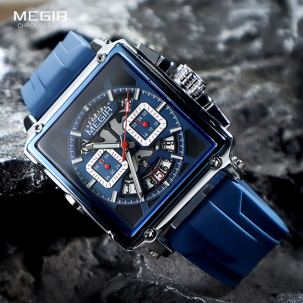 MEGIR Square Dial Sport Quartz Watch Men Fashion Waterproof Luminous Wristwatch with Chronograph Date Blue Silicone Strap 2233