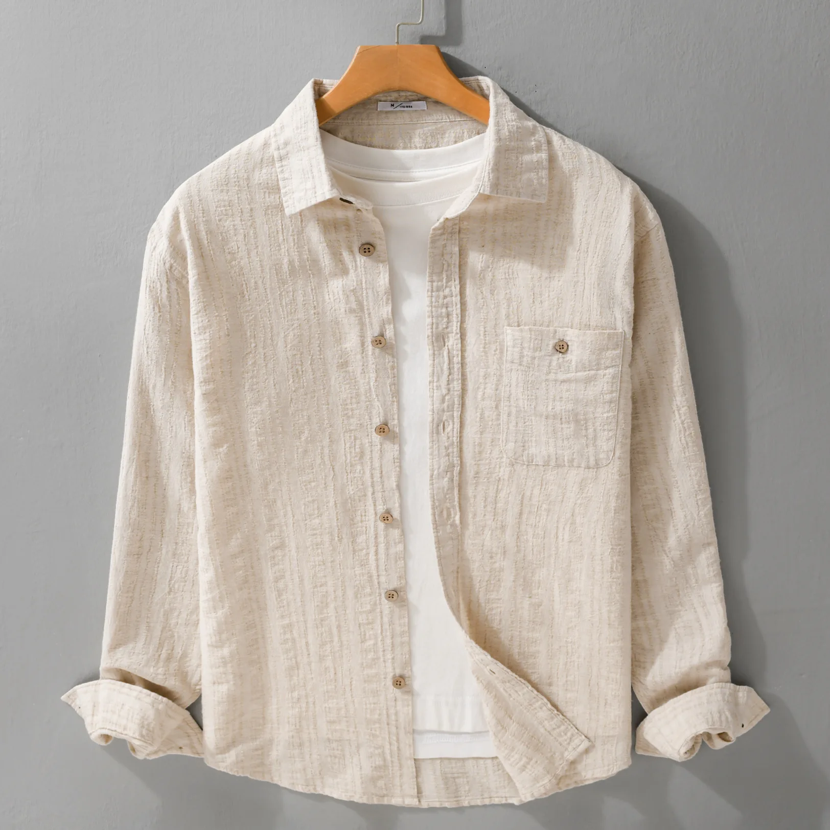 Spring Japan Style New Mens Long Sleeve Shirts Vintage Striped Shirt Pocket Casual Cotton Linen Shirt Men Comfortable Clothing