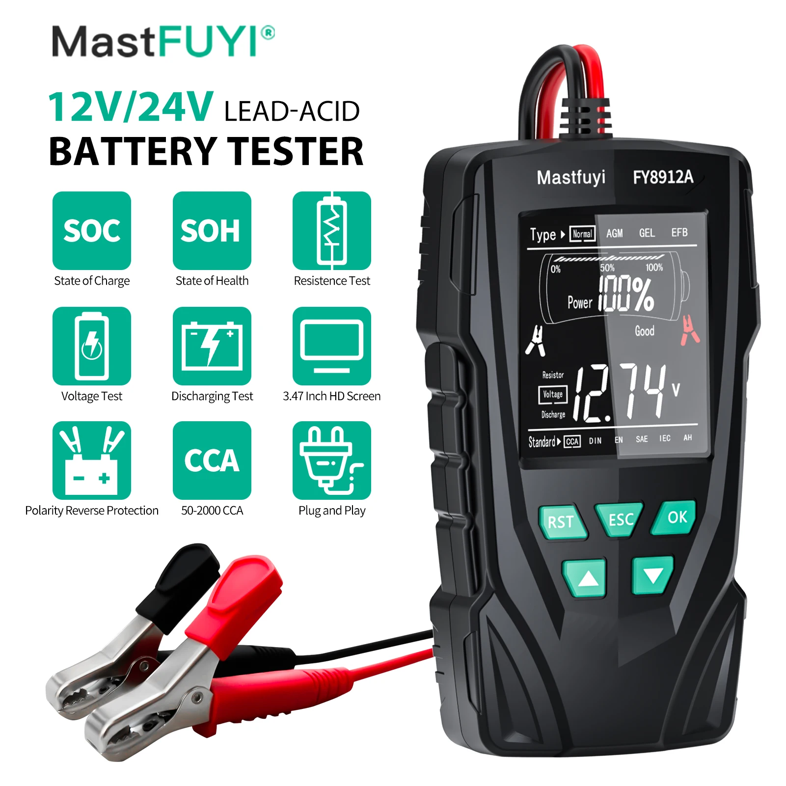 MASTFUYI FY8912A Auto-accutester 12V 24V Auto Motor Vrachtwagen Batterijbewaking, batterijbelasting, batterijcapaciteitstester