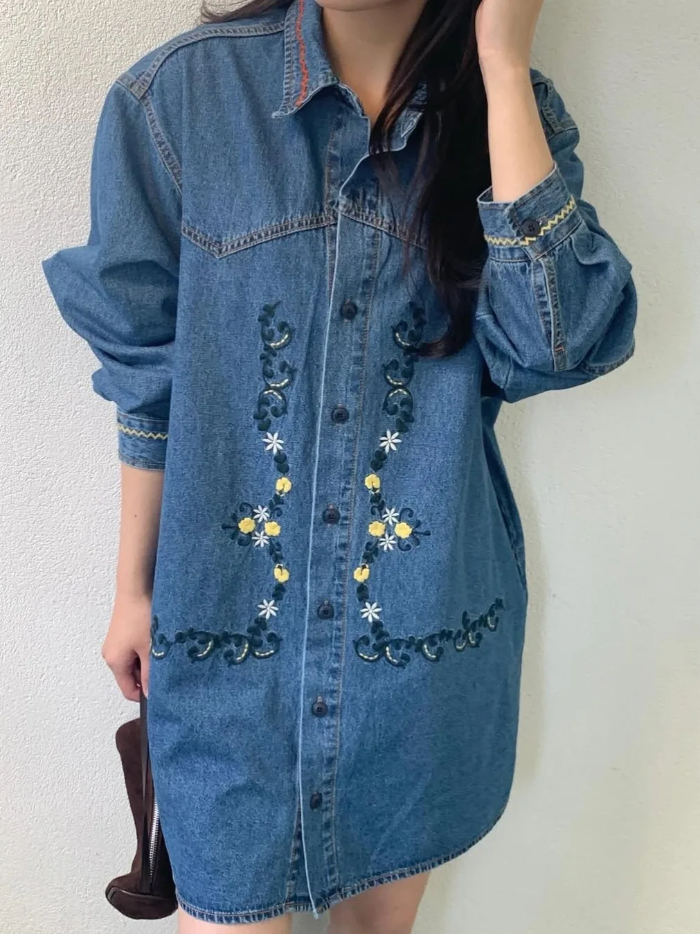 

Retro Embroidered Floral Long Sve Denim Dr Women's Straight Cut Midi Skirt Dr Fre Sle Autumn New Arrival