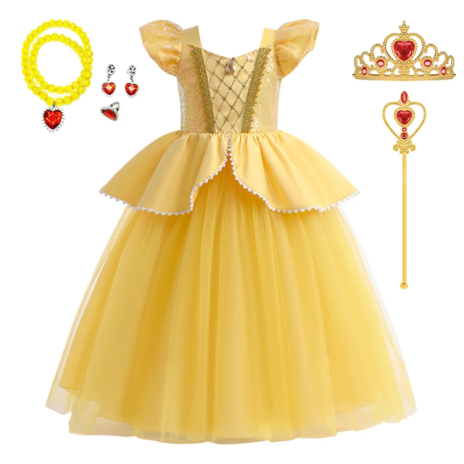 Children Costume Halloween Chirstmas Birthday Princess Dress Luxury Clothes Belle Cosplay Puff Sleeve Tulle Dress and Accessory