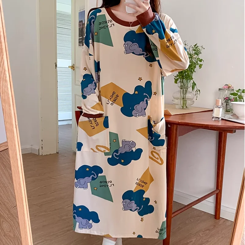 

Night Gown For Women Autumn Long Sleeve Nightdress Cotton Animation Robe Loose Ladies Pajamas Dresses Women's Nightdresses M-6XL