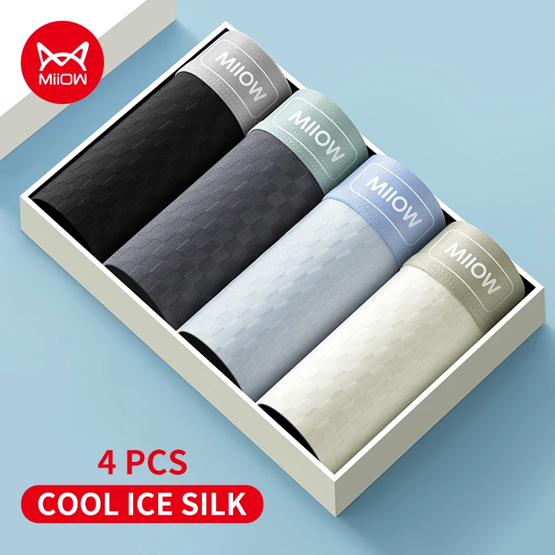 

MiiOW 4Pcs Men Underwear Boxers 7A Antibacterial Mesh Crotch Men's Panties Breathable Man Underpants Silky Ice Silk Mens Trunks