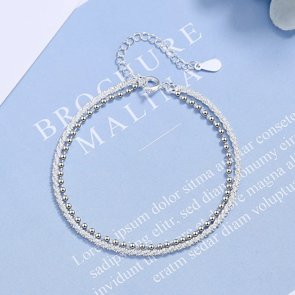 S925 Stamp Silver Color Double Layer Twist Rotation Bracelet Female Interval Round Beads Bracelets Korean Fresh Jewelry Gifts